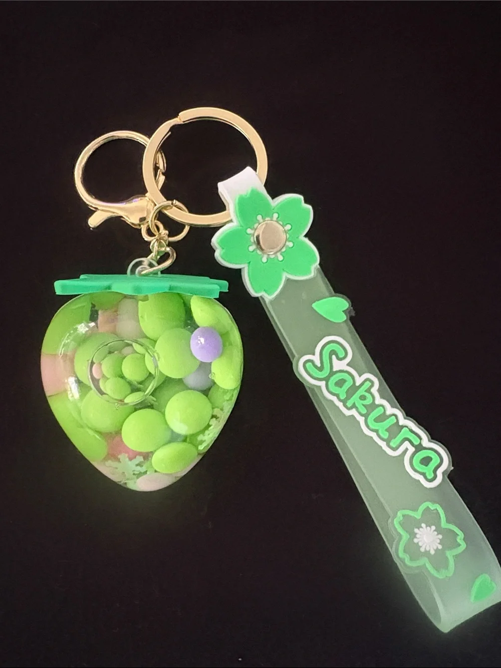 Green Strawberry Water Bead Glitter Filled Bag Charm Keychain